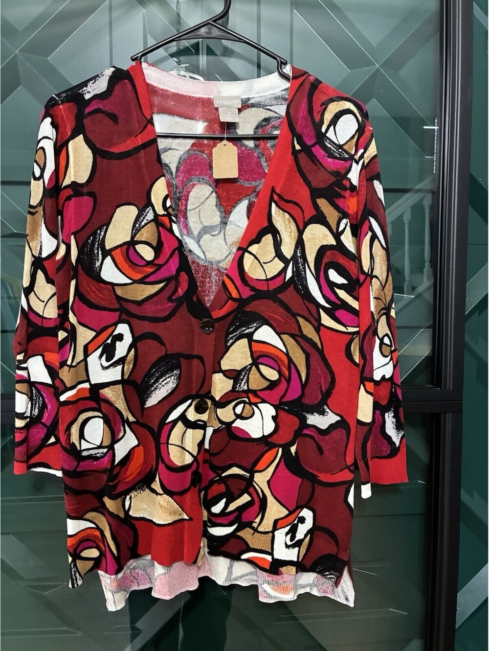 Chico’s Red Abstract Ladies VNeck Button Up Cardigan - Size 0
